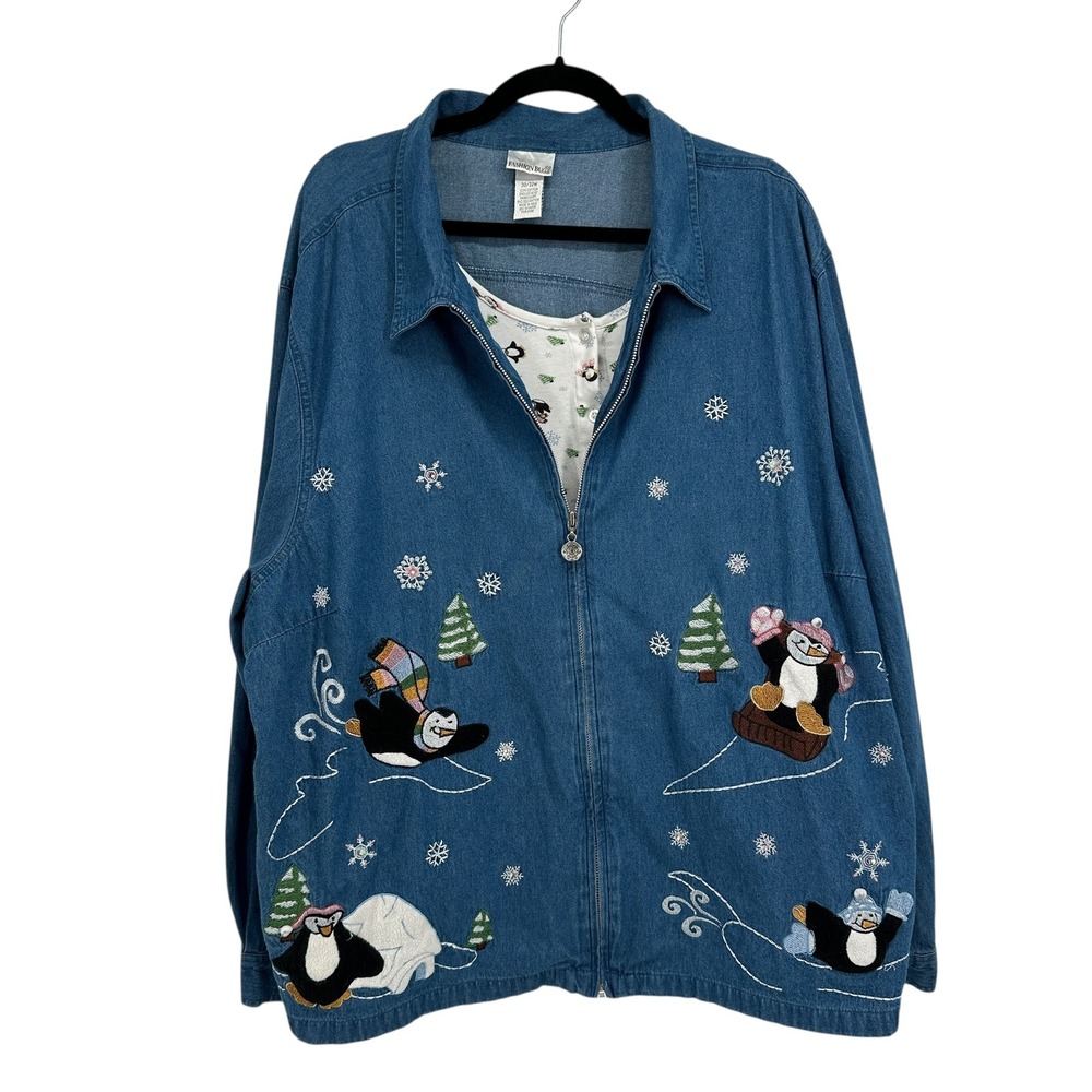 Vtg Fashion Bug Penguin Denim Jacket 30/32W‎ Winter Holiday Embroidered Zip